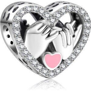 Sterling Silver Love Heart Mom Charm for Bracelets & Necklaces, 9mm Hole, Cubic